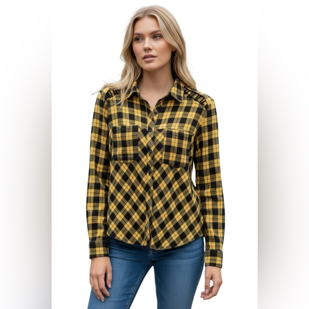 Free People Yellow and Black Plaid Button Down Shirt Cutout Shoulder Sz XS
